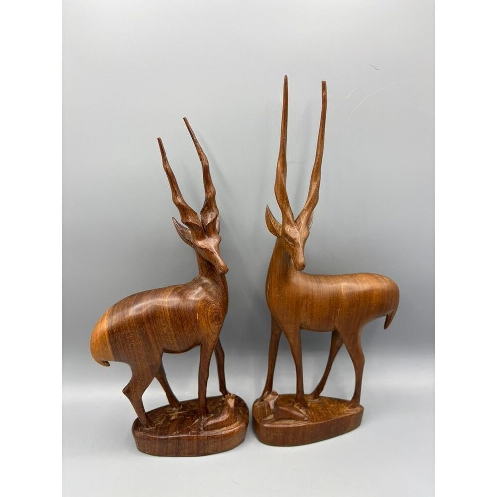 Vtg 2 Pc Hand Carved Wooden Antelope Figurines Set Babies Africa